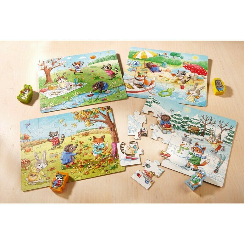 Haba - puzzle din lemn anotimpurile , puzzle copii , 4 in 1, cu figurine, piese 60