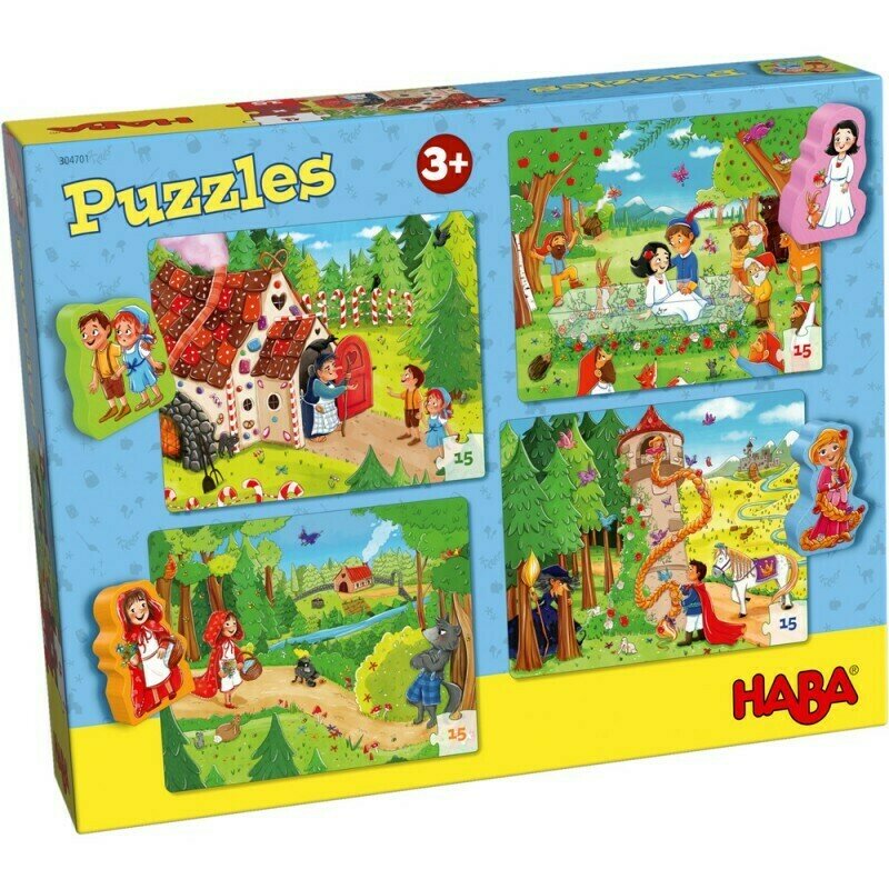 Haba - puzzle din lemn in lumea basmelor , puzzle copii , 4 in 1, cu figurine, piese 60