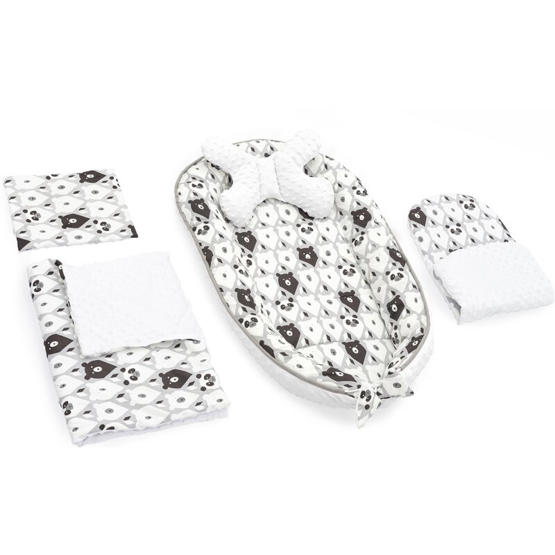 Tutumi - set 5 in 1 babynest minky, 2 perne, 1 paturica si o saltea cu doua fete, alb/negru ursulet