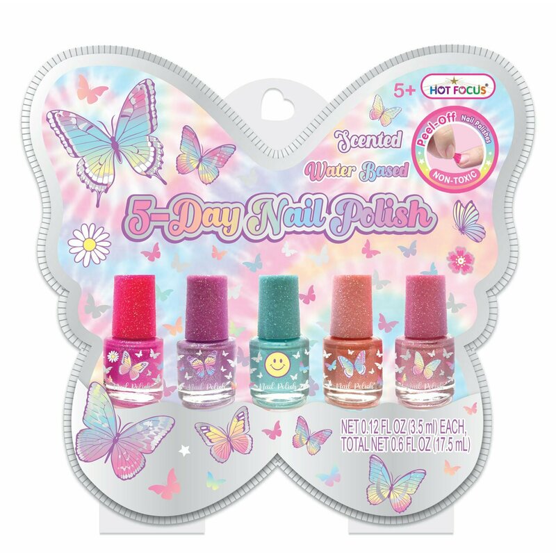 Set 5 oje, Hot Focus, Pentru fetite, Durata pana la 5 zile, Compozitie bazata pe apa, Formula cu uscare rapida, 5 ani+, Tie Dye Butterfly