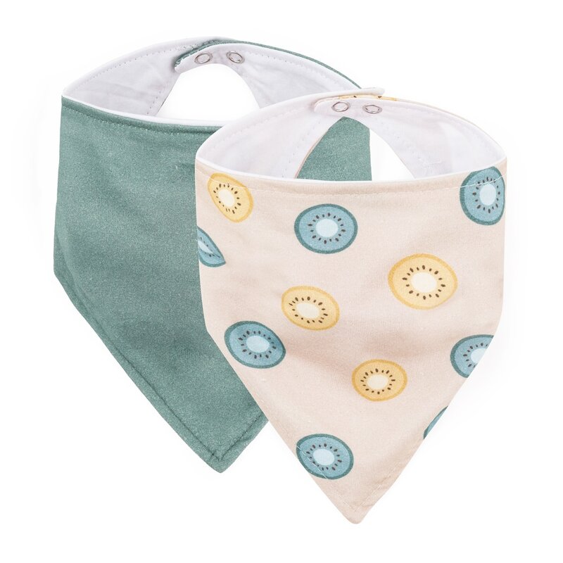 Set bavete bandana, Petite&Mars, Luke, 2 bucati, Bumbac 100% natural, Reglabila cu capse, 3 luni+, Protectie hainute, Bej/Verde