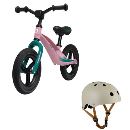 Bicicleta fara pedale, Lionelo, Bart Tour, Usoara, Cu cadru din magneziu, 3.3 Kg, 12 inch, Bubblegum + Casca pentru copii, Reglabila 50-56 cm, Bej