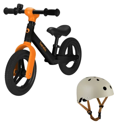 Bicicleta fara pedale, Lionelo, Toni, Cu ghidon si sa reglabile, Ultra usoara, 2.8 Kg, 18 luni+, Sustine 30 kg, Portocaliu + Casca pentru copii, Reglabila 50-56 cm, Bej