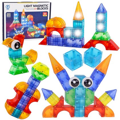 Set blocuri de constructie magnetic, Iluminate, 64 piese