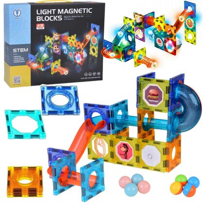 Set blocuri de constructie magnetic, Jokomisiada, Iluminate, Stimuleaza simturile copilului, Contine 49 de piese, 3 ani+, Multicolor