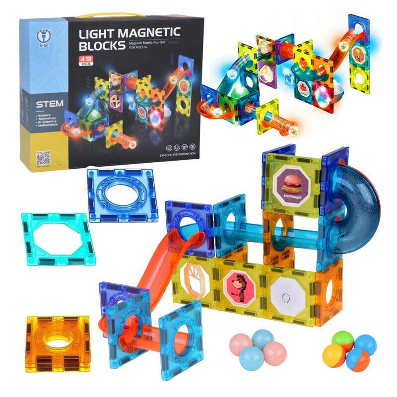 Set blocuri de constructie magnetic, Jokomisiada, Iluminate, Stimuleaza simturile copilului, Contine 49 de piese, 3 ani+, Multicolor