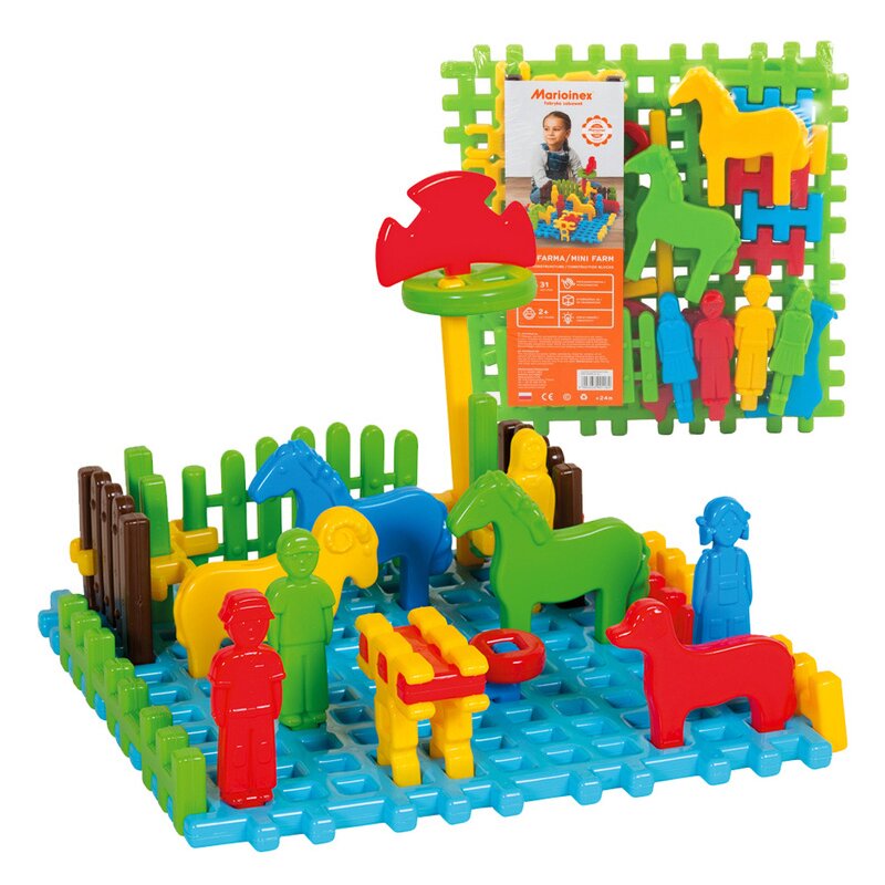 Set blocuri de constructie, Marioinex, Waffle Mini Farm, Moi si flexibile, Stimuleaza simturile copilului, Contine 31 de piese, 24 luni+, Multicolor