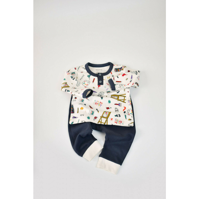Set bluzita cu maneca lunga si nasturei si panataloni lungi, 100% bumbac organic, babycosy, bleumarin (marime: 18-24 luni)