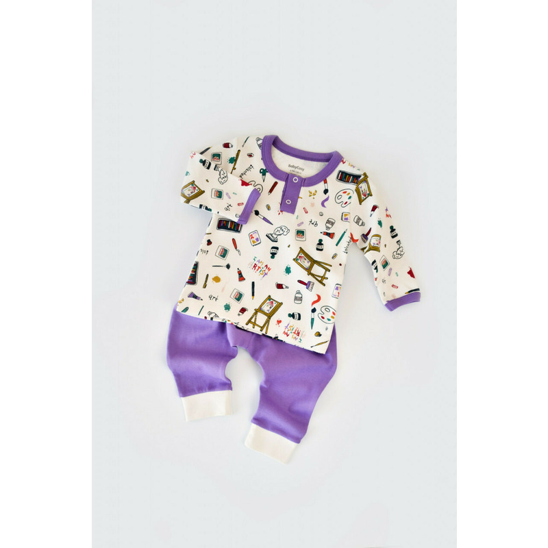 Set bluzita cu maneca lunga si nasturei si panataloni lungi, 100% bumbac organic, babycosy, mov (marime: 12-18 luni)