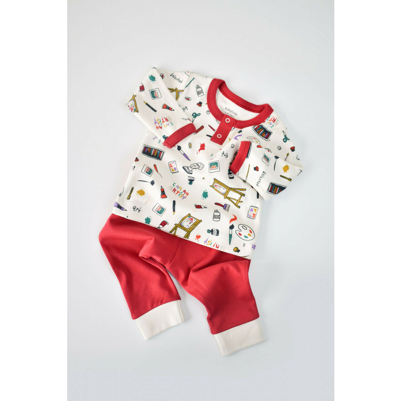 Set bluzita cu maneca lunga si nasturei si panataloni lungi, 100% bumbac organic, babycosy, rosu (marime: 6-9 luni)