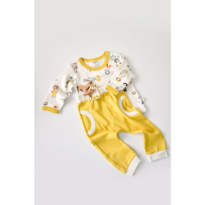 Set bluzita cu maneca lunga si panataloni lungi, 100% bumbac organic, babycosy, galben (marime: 9-12 luni)