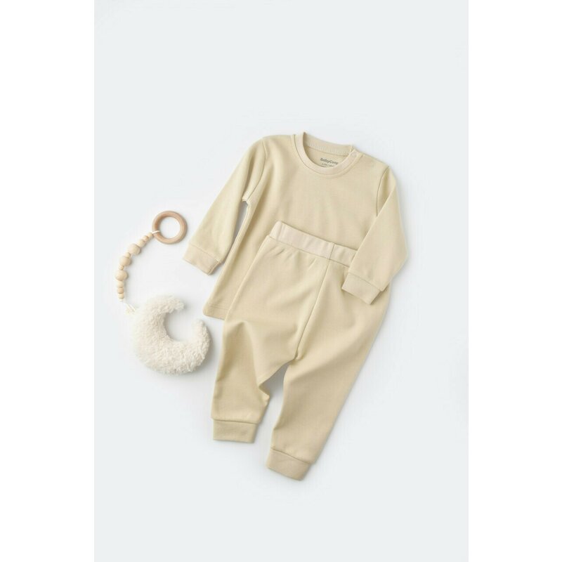 Babycosy - set bluzita cu maneca lunga si panataloni lungi - bumbac organic 100% - crem, baby cosy (marime: 3-6 luni)