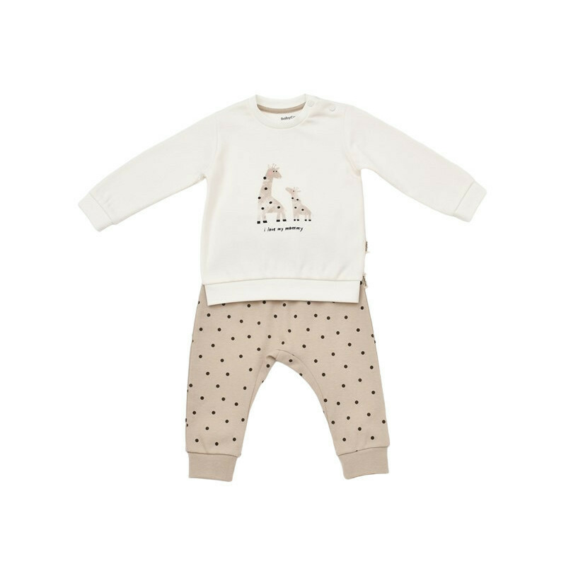 Set bluzita cu maneca lunga si panataloni lungi cu buline girafa, babycosy, 100% bumbac organic, ecru (marime: 6-9 luni)
