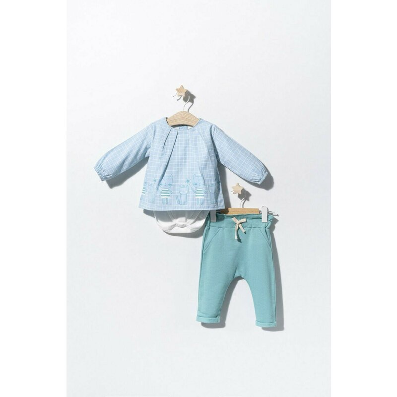 Tongs baby - Set bluzita de vara cu pantalonasi pentru bebelusi Cats, (Culoare: Albastru, Marime: 6-9 luni)