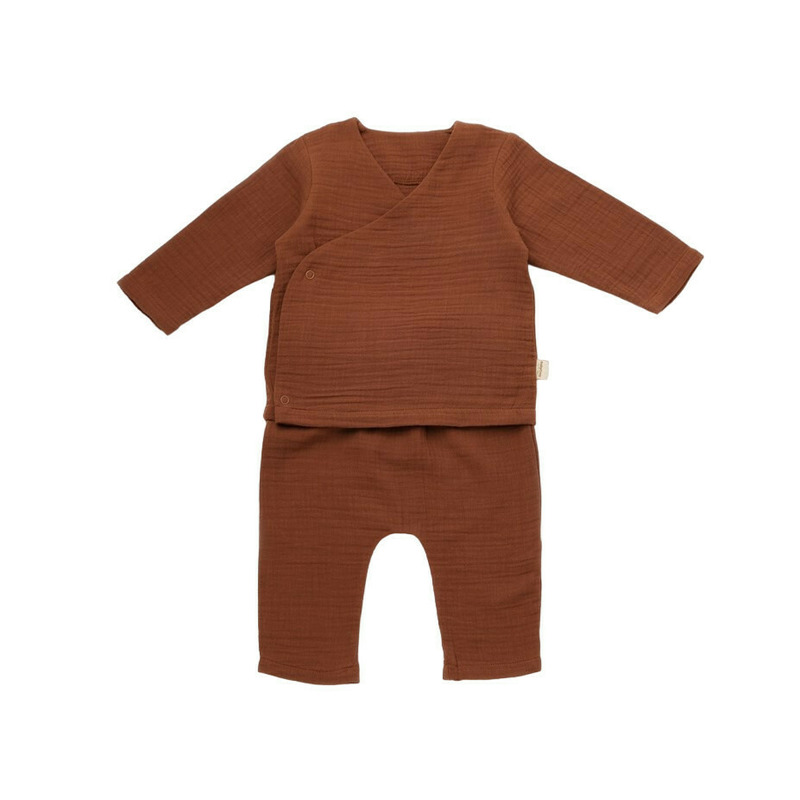 Set bluzita petrecuta si panataloni lungi din muselina, baby cosy, 100% bumbac organic, caramiziu (marime: 18-24 luni)