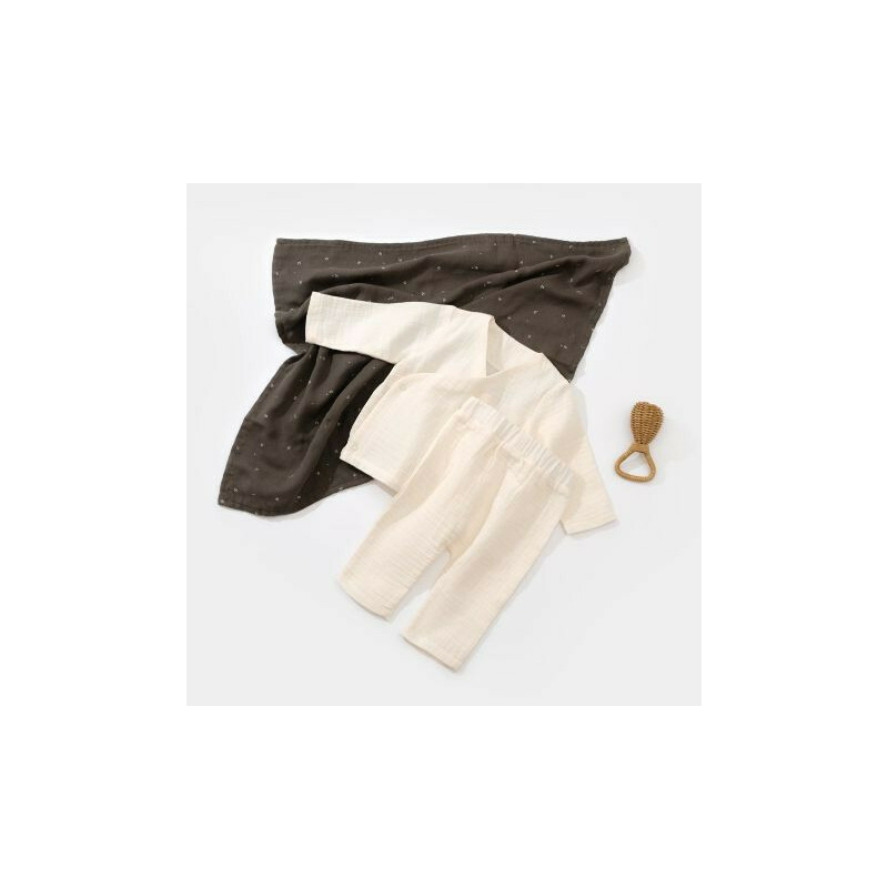 Set bluzita petrecuta si panataloni lungi din muselina, baby cosy, 100% bumbac organic, ecru (marime: 9-12 luni)