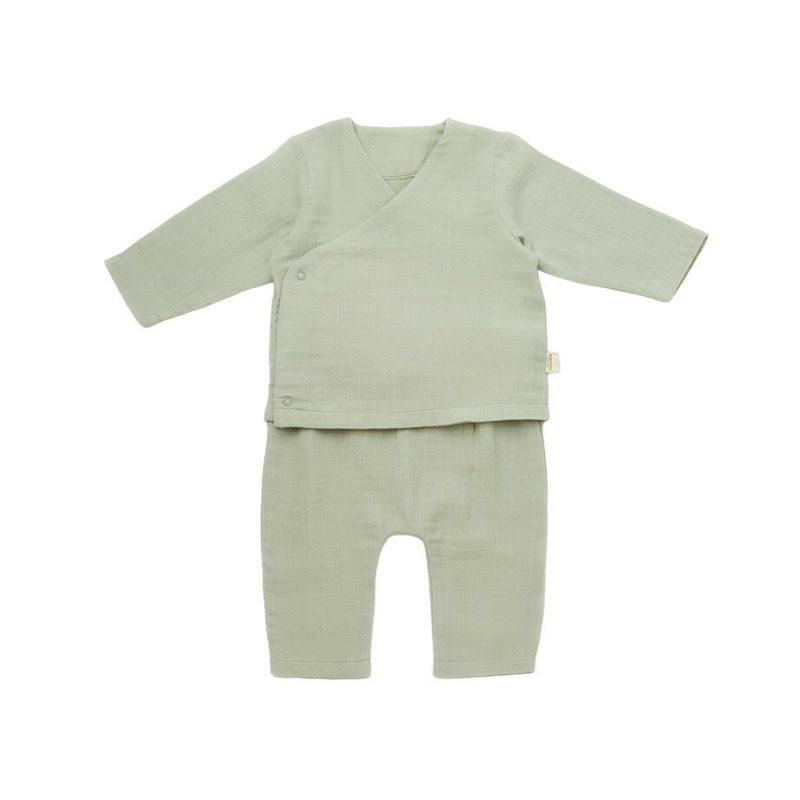 Set bluzita petrecuta si panataloni lungi din muselina, baby cosy, 100% bumbac organic, verde (marime: 9-12 luni)