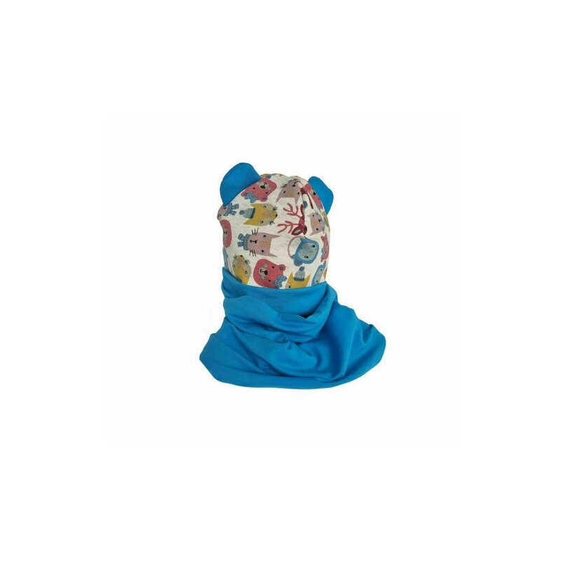 Kidsdecor - set caciula cu protectie gat blue animals pentru copii 18-36 luni, din bumbac