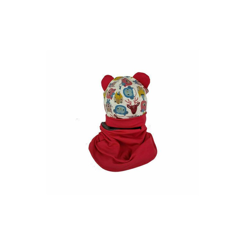 KidsDecor - Set caciula cu protectie gat Red Animals pentru copii 6-18 luni, din bumbac