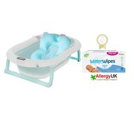 Set cadita bebe, Primabobo, Genua Premium, cu termometru, dop si suport anatomic, Albastru + servetele umede Water Wipes, biodegradabile, fara alcool, plastic si parfum, 540 bucati, pe baza de apa