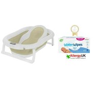 Set cadita bebe, Primabobo, Genua Premium, cu termometru, dop si suport anatomic, Bej + servetele umede Water Wipes, biodegradabile, fara alcool, plastic si parfum, 540 bucati, pe baza de apa
