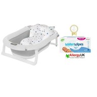 Set cadita bebe, Primabobo, Genua Premium, cu termometru, dop si suport anatomic, Gri + servetele umede Water Wipes, biodegradabile, fara alcool, plastic si parfum, 540 bucati, pe baza de apa