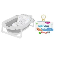 Set cadita bebe, Primabobo, Genua Premium, cu termometru, dop si suport anatomic, Gri + servetele umede Water Wipes, biodegradabile, fara alcool, plastic si parfum, 540 bucati, pe baza de apa