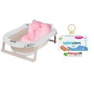 Set cadita bebe, Primabobo, Genua Premium, cu termometru, dop si suport anatomic, Roz + servetele umede Water Wipes, biodegradabile, fara alcool, plastic si parfum, 540 bucati, pe baza de apa
