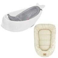 Set Cadita inteligenta, Skip Hop, Pentru 3 etape de crestere, Alb si cosulet bebelus, Qmini,  55 x 75 cm, Husa 100% muselina dubla, Beige