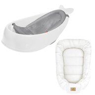 Set Cadita inteligenta, Skip Hop, Pentru 3 etape de crestere, Alb si cosulet bebelus, Qmini,  55 x 75 cm, Husa 100% muselina dubla, Cream