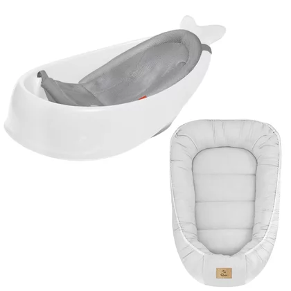 Set Cadita inteligenta, Skip Hop, Pentru 3 etape de crestere, Alb si cosulet bebelus, Qmini,  55 x 75 cm, Husa 100% muselina dubla, Grey