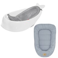 Set Cadita inteligenta, Skip Hop, Pentru 3 etape de crestere, Alb si cosulet bebelus, Qmini,  55 x 75 cm, Husa 100% muselina dubla, Jeans