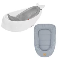 Set Cadita inteligenta, Skip Hop, Pentru 3 etape de crestere, Alb si cosulet bebelus, Qmini,  55 x 75 cm, Husa 100% muselina dubla, Jeans