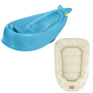 Set Cadita inteligenta, Skip Hop, Pentru 3 etape de crestere, Albastru si cosulet bebelus, Qmini,  55 x 75 cm, Husa 100% muselina dubla, Beige