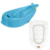 Set Cadita inteligenta, Skip Hop, Pentru 3 etape de crestere, Albastru si cosulet bebelus, Qmini,  55 x 75 cm, Husa 100% muselina dubla, Cream