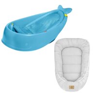 Set Cadita inteligenta, Skip Hop, Pentru 3 etape de crestere, Albastru si cosulet bebelus, Qmini,  55 x 75 cm, Husa 100% muselina dubla, Grey