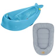 Set Cadita inteligenta, Skip Hop, Pentru 3 etape de crestere, Albastru si cosulet bebelus, Qmini,  55 x 75 cm, Husa 100% muselina dubla, Jeans