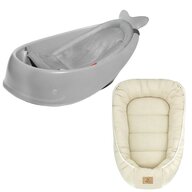 Set Cadita inteligenta, Skip Hop, Pentru 3 etape de crestere, Gri si cosulet bebelus, Qmini,  55 x 75 cm, Husa 100% muselina dubla, Beige
