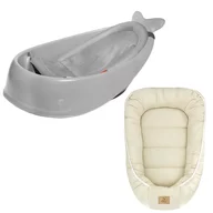 Set Cadita inteligenta, Skip Hop, Pentru 3 etape de crestere, Gri si cosulet bebelus, Qmini,  55 x 75 cm, Husa 100% muselina dubla, Beige