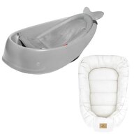 Set Cadita inteligenta, Skip Hop, Pentru 3 etape de crestere, Gri si cosulet bebelus, Qmini,  55 x 75 cm, Husa 100% muselina dubla, Cream