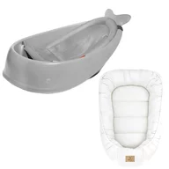 Set Cadita inteligenta, Skip Hop, Pentru 3 etape de crestere, Gri si cosulet bebelus, Qmini,  55 x 75 cm, Husa 100% muselina dubla, Cream