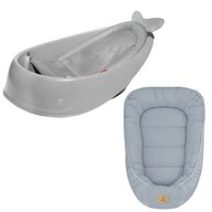 Set Cadita inteligenta, Skip Hop, Pentru 3 etape de crestere, Gri si cosulet bebelus, Qmini,  55 x 75 cm, Husa 100% muselina dubla, Jeans