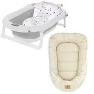 Set cadita pliabila Genua Premium, cu termometru, dop si suport anatomic, Gri si cosulet bebelus, Qmini,  55 x 75 cm, Husa 100% muselina dubla, Beige