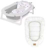 Set cadita pliabila Genua Premium, cu termometru, dop si suport anatomic, Gri si cosulet bebelus, Qmini,  55 x 75 cm, Husa 100% muselina dubla, Cream