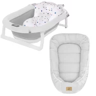 Set cadita pliabila Genua Premium, cu termometru, dop si suport anatomic, Gri si cosulet bebelus, Qmini,  55 x 75 cm, Husa 100% muselina dubla, Grey