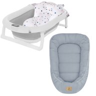 Set cadita pliabila Genua Premium, cu termometru, dop si suport anatomic, Gri si cosulet bebelus, Qmini,  55 x 75 cm, Husa 100% muselina dubla, Jeans