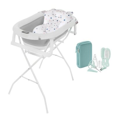 Set cadita pliabila, Primabobo, Genua Premium, cu termometru, dop si suport anatomic, Gri + suport pliabil + set ingrijire Philips Avent, 9 accesorii, 0 luni+