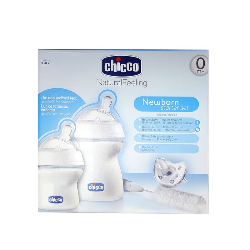 Chicco - Set cadou Natural Feeling. 0luni+ (un biberon 0+, un biberon 2+, o suzeta silicon, o perie biberon)