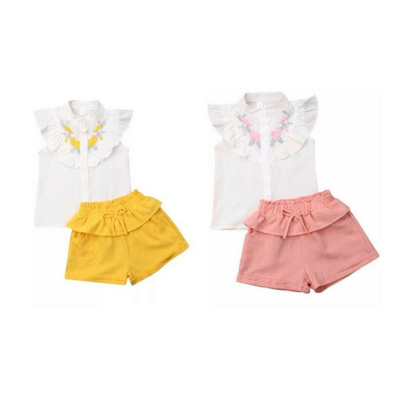 Set camasuta si pantaloni cu broderie (culoare: galben, marime: 140)