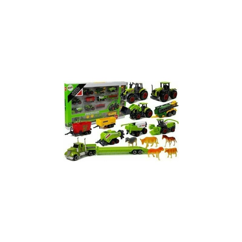 Leantoys - set camion cu vehicule agricole, tractoare, remorci si animalute, 6869
